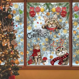 Horaldaily 100 Pieces Christmas Window Stickers, Christmas Bell Ball Ornaments Cats Snow for Home Party Accessories Shop Window Glass Display Decoration