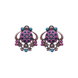 Indian Fashion Gold Oxidized Boho Enamel Ethnic Tribal Gypsy Traditional Stone Beads Small Stud style Jhumka Earrings Pink Blue
