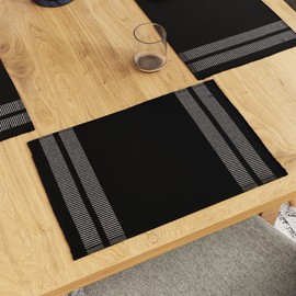 Encasa Ribbed Cotton Placemats (Set of 6), Ladder Black, 46 x 32 cm, Over 20 Modern Colours and Woven Designs Washable Fabric Placemats