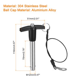 sourcing map T Handle Lock Pins, 15/32" Pin Dia. 2-3/4" Usage Length Stainless Steel Push-Button Quick Release Pin with Lanyard Cable (12mm-70mm)