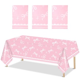 3pcs Coquette Bow Tablecloth, Waterproof Bow Theme Table Covers Coquette Birthday Bowknot Party Decorations for Women Girls Bridal Bachelorette Favor (Pink Bottom)