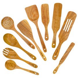 Wooden Kitchen Utensil Set — 10 Pcs of Different Wooden Spoons, Wooden Spatulas, and Wooden Spurtles for Cooking in Nonstick Cookware