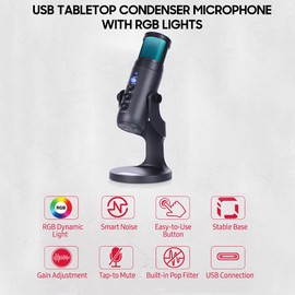 USB Condenser Microphone Tabletop Desktop RGB Microphone with Stand Computer PC Plug & Play Microphone with Colorful Lights Volume Control Headphone Connection for Audio Monitoring for Podcast Recording Live Streaming
