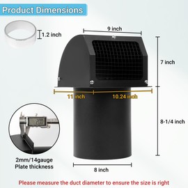 Neoaider 8 Inch Hooded Wall Vent with Screen, Damper, 8-1/4" Length Duct, 14 Gauge Steel Vent Covers for Wall, Wall Vent Cover for Residential Housing and Industrial Facilities Air Exhaust, Black