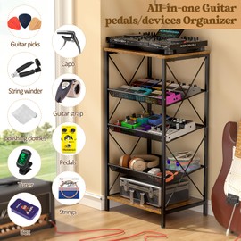 ThreeHio Guitar Pedal Organizer, 5 Tier Tuner Pedal Storage Shelf, Vintage Pedal Board Holder Stand, Freestanding Wooden Music Tuning Accessories Organization for Bass Guitar Ukulele Violin