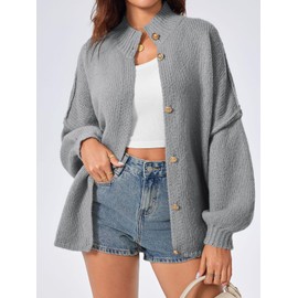 Saodimallsu Womens Oversized Cardigans Long Lantern Sleeve Button Down Chunky Knit Loose Fall Sweater Coats Gray