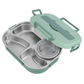 Stainless Steel Lunch Box, Leakproof Bento Box with Soup Bowl Spoon and Chopsticks, Green Food Containers for Kids Adult Student Children Use (Green)