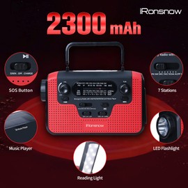 2300mAh Solar Hand Crank Emergency AM/FM/SW/NOAA Radio, Real NOAA Alert Weather Radio with SOS Alarm, TF Card Speaker, LED Flashlight & Reading Lamp, Phone Charger for Camping, Emergency