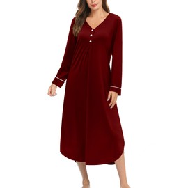 Ekouaer Womens Long Sleeve Nightgown Long Nightshirt Full Length Loungewear Button Down Sleep Dress Wine Red Medium