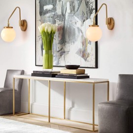 Pathson Vintage Industrial Wall Light, Adjustable Swing Arm Bedside Lamp Wall Sconce Lighting E26 Base, Retro Edison Wall Lamp Fixture with White Lampshade Brass Dark Finish (Antique)