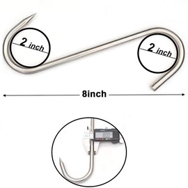 Grizef S-Hook Meat Hook, Heavy Duty Stainless Steel 200mm x 8mm, Meat Processing Hook for Butcher, Farmer, Hunters (4 Pieces, 8 mm) (200 mm x 8 mm)