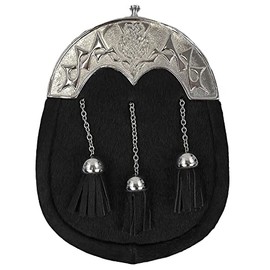 The Scotland Kilt Company Full Dress Kilt Sporran in Black Cow Hide with Thistle Cantle - Waist Pack with Chain Belt for Highland Outfit - One Size
