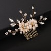 Teyglen Gold Flower Headpiece Bridal Crystal Hair Comb with Pearl