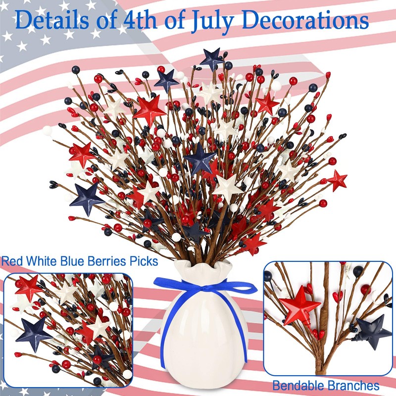 JUNEBRUSHS 6 Pack Patriotic Artificial Berry Stem Picks Red White