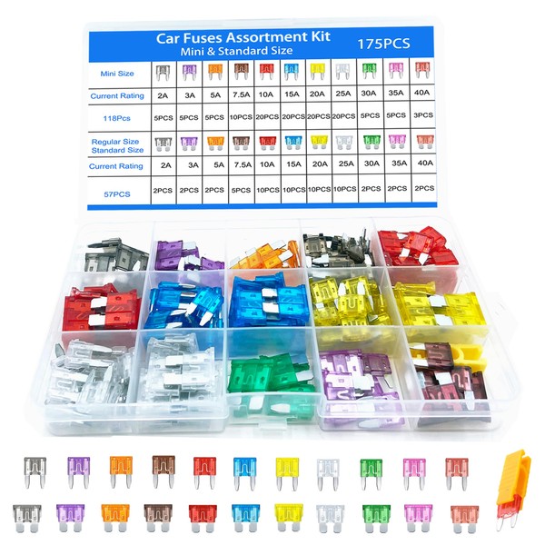 2A-40A Car Fuses Assorted Kit, 175pcs Car Fuses, Standard 57Pcs+118Pcs