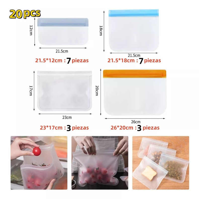 20 Piezas Bolsas Ziploc De Reutilizables Para Alimentos