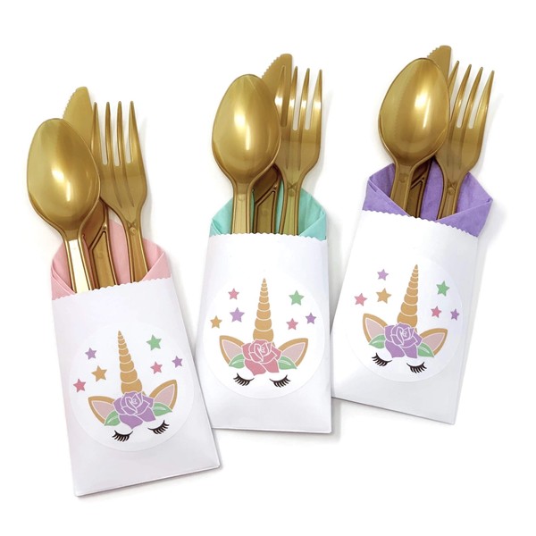 Unicorn Face Birthday Party Cutlery Bags Utensils and Napkins (24 Count)