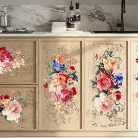 PLIGREAT 3 Sheets Vintage Flowers Rub on Transfers for Furniture 6"x12" European Architectural Rub on Stickers Watercolor Floral Transfer Decals for Wood Drawer Cabinet Scrapbooking Home Decorative