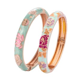wynameleri Vintage Bangles Bracelets Cloisonne Enameled Flower Spring Hinge Clasp Indian Style Jewelry Set for Women Girls 55A35-55A113 Light Green