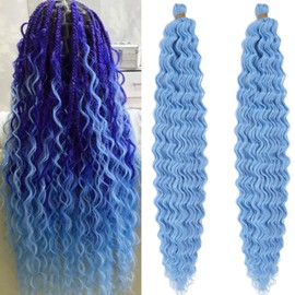 Light Blue Boho Hair for Braiding Deep Water Wave Crochet Hair Blue Ocean Wave Curly Wavy Braiding Hair Pre Stretched 24 Inch 2 Packs Boho Curls Synthetic Bohemian Crochet Braids