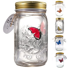 Butterfly Collection in a Jar, Butterfly Jar That Moves, LED Light Romantic Glass Animated Butterfly in a Jar Gift Decoration (Red)