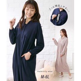 Nissen Maternity Sleepwear, Nightgown, Room, Dress, Long Sleeve, Pregnum and Postpartum Nursing Clothes, Open Front, Cotton Blend, Smooth, Gathered Switching, navy