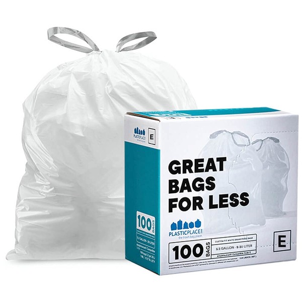 Plasticplace Custom Fit Trash Bags simplehuman (x) Code E Compatible (100 Count) White Drawstring Garbage Liners 5.2 Gallon / 20 Liter 18.75" x 20"