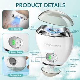 Electric Nail Clippers, with LED Light and Nail File, Fingernail Clipper Storage, 3 Speeds Ideal Digital Display, USB Rechargeable Safety Nail Trimmer for Baby, Kids, Seniors, Caregivers
