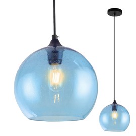 GLAMIGHT Blue Pendant Lights Kitchen Island Lighting Modern Globe Hand Blown Glass Pendant Light Ceiling Hanging Light fixtures for Kitchen Island Bedroom Living Dining Room Light Fixture,9.8in