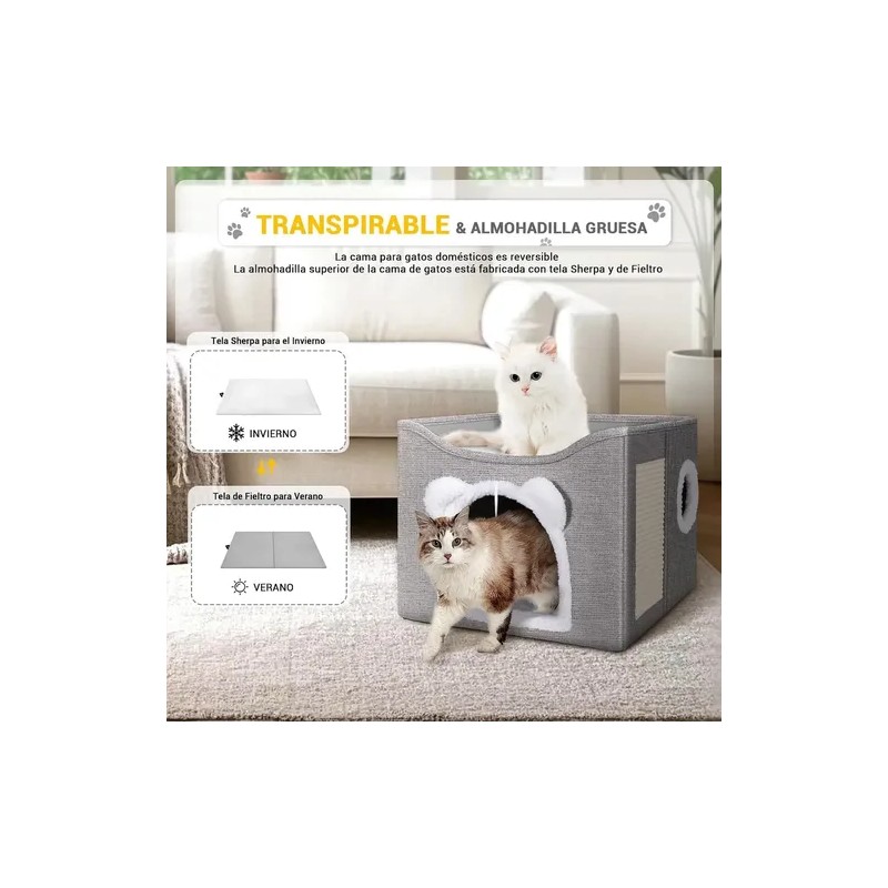 Casa para Gatos Plegable LovePaws Gris, con Rascador y Cojín