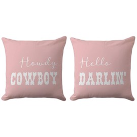 CarOptics Set of 2 Western Funny Couple Pillow Covers 18x18 Inch - 'Howdy Cowboy' & 'Hello Darlin'' Set of 2, Teen Girls Boys Gifts, Rustic Farmhouse Charm for Various Settings(Pink)