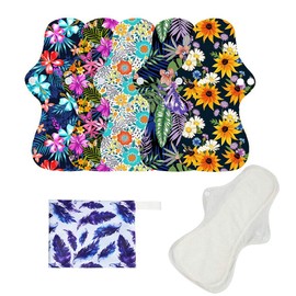 Juego de 6 almohadillas menstruales de bambú orgánico, reutilizables, impermeables, incluye 5 almohadillas menstruales de flujo pesado y servilletas sanitarias para mamá + 1 mini bolsa húmeda