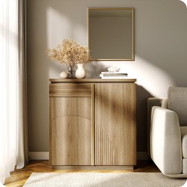 BELLEZE 31 Inch Mid Century Modern Sideboard Cabinet, Wood Arched Accent Buffet Cabinet with Storage, Credenza Console Table for Dining Room, Kitchen, and Living Room Hallway (Camel)
