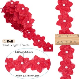 CABODYALS 1.83M 1 3/4 Inch Red Flower Lace Embroidery Ribbon Trim Edge Artificial Pearl Beads Embroidered Ribbons Trims for Sewing Making Clothing Home Decor Wedding Gift Wrapping Diy Crafts Supply