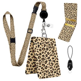 Leopard ID Badge Holder with Breakaway Lanyard, Adjustable Lanyards for Id Badges Keys, Double Side Card Holders, Retractable Badge Reel with 360 Degrees Rotate Carabiner Clip,for Nurse Teacher Women
