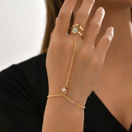 TseenYi Boho Crystal Slave Ring Bracelet Gold Rhinestone Finger Bracelet Vintage Geometric Slave Bracelet Open Ring Slave Bracelet Chain Handpiece Jewelry for Women and Girls Gifts