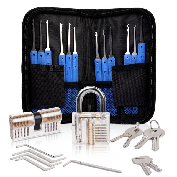 Lock Picking Set, 25-teiliges Dietrich-Set mit 2 transparenten Trainingsschlössern und