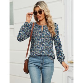 AKEWEI Womens Business Casual Tops Work Polyester Shirts for Women Dressy Long Puff Sleeve Floral Blouse Blue L