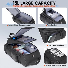 RAINSMORE Bike Bag Back Rack Bag Waterproof Bicycle Panniers for Rear Rack 15L Large Bike Ebike Trunk Saddle Seat Bag Carrier with Rain Cover Bike Backpack Shoulder Bag for Commuter Outdoor, Black