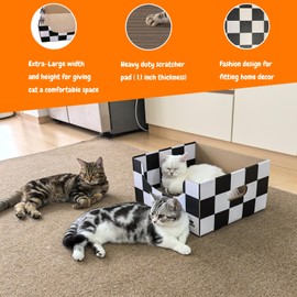 SAWOOGAHO Extra-Large Cat Cardboard Scratcher with Box Bigger Space Hide Scratch Rest Cat Double-Sided Scratching Refillable Pad Scratched Bed for Indoor Cats Mosaic Pattern