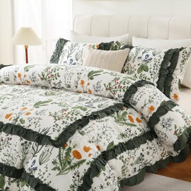 Cozaline Ruffle Duvet Cover King 100% Cotton Floral Comforter Cover with Sage Green Ruffle, Aesthetic French Vintage Duvet Cover Sets with Zipper Closure, Ultra Soft, Breathable, All Seasons