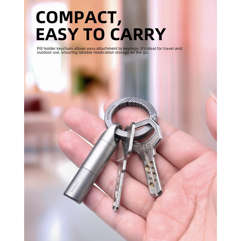 Tikey Titanium EDC Pill Container, Waterproof Keychain Capsule, Pocket Purse