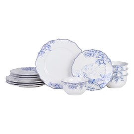 222 Fifth Hudson Valley 12-Piece Porcelain Dinnerware Set – Service for 4, Plate & Bowl Set, White with Blue Floral and Fauna Traditional Design, for Daily Dining, Microwave & Dishwasher Safe