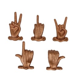 AYZCORP Set of 5 Hand Gesture Decorative Wall Hooks, 4 Inches High-Peace Sign-Rock On-Fun Finger-Thumbs up & Pointing Finger Gestures. Unique Stylish Key or Towel Hangers (Copper)