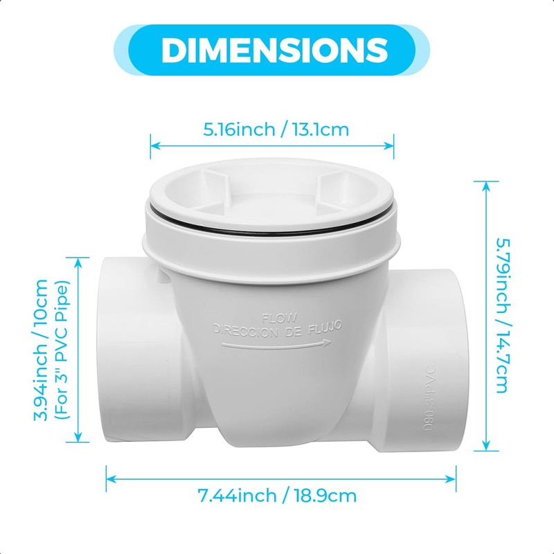 Cinsda 3" PVC Backwater Valve, 3 Inch Back Flow Preventer