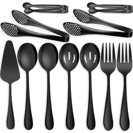 IAXSEE 11 PCS Serving Utensils, Large Stainless Steel Spoons Forks Tongs, Pie Server, Great for Hostess Buffet Catering Banquet Party, Black