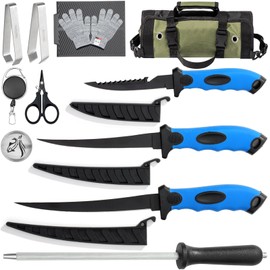GPUSFAK 10 Pieces Fillet Set, Stainless Bait Knife With Sharpening Rod and Sheath, Professional Filleting Boning for Meat Blue