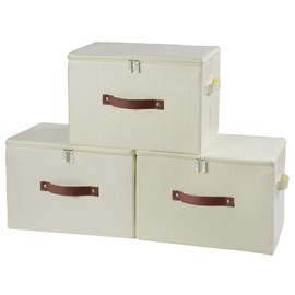 HYVAKUPPA 3 Pack Storage Bins with Zipper Lid Fabric Lidded Storage Boxes Baskets Cubes Washable Collapsible PU Leather Handle Cotton Linen Fabric Shelf Closet Organizer Container(Beige, Large Size)