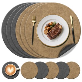 YUNJUER Round Leather Place Mats(38cm) and Coasters(10cm) Set of 6, Heat-Resistant 212°F Placemats, Non-Slip and Washable, Table Mats for Home, Hotel, Kitchen, Restaurant, Dining Table, (Beige/Grey)