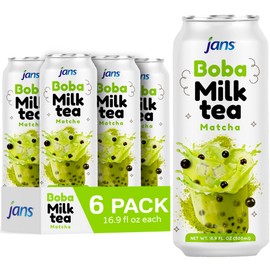 Jans Boba Milk Tea Matcha Flavor, Thick Sweet and Creamy Milk tea beverages with tapioca bubble boba, milky boba taiwanese tea 16.9 fl oz per can (Pack of 6)